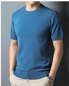 サマーセーター ニットTシャツ 半袖ニット メンズ サマーニット トップス カットソー カジュアル ライトブルー L