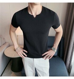 半袖Tシャツ メンズ サマーニット トップス カットソー カジュアル サマーセーター ニットTシャツ ブラック XL