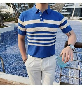 サマーニット カットソー カジュアル 半袖Tシャツ メンズ サマーセーター ニットTシャツ ブルー 2XLサイズ