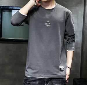 ロンT メンズ 長袖Tシャツ ロンティー クルーネック 春秋服 スリム メンズファッション グレー サイズ3XL