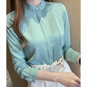 ブラウス シャツ レディース ハイネックblouse フォーマル 立ち襟 トップス 長袖 女性用 通勤 春 秋 グリーン XL