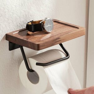 トイレットペーパーホルダー おしゃれ トイレ用品 トイレ インテリア 棚付き 収納 北欧 シンプル 木製 ペーパーストッパー付き