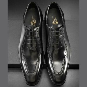 ビジネスシューズ　メンズシューズ　ロングノーズ　紐靴 牛革 本革 革靴 フォーマル　紳士靴　イギリス風　通勤　快適　ブラック　26cm