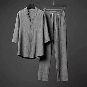 夏 Tシャツ ロングパンツ パンツ メンズ ルームウェア 部屋着 涼しいセットアップ 上下セット グレー 3XL