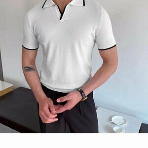 カットソー カジュアル 半袖Tシャツ サマーニット トップス メンズ サマーセーター ニットTシャツ ホワイト 2XLサイズ