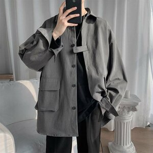 メンズカバーオール メンズ アウター シャツジャケット 秋春服 ファッション 新作 カジュアル　グレー　XL
