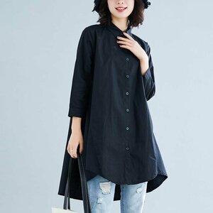 ロングシャツ フレア レディース トップス チュニック 長袖 綿麻混 コットン リネン Aライン 無地 ブラック XL