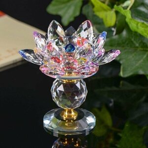 燭台 キャンドルホルダー クリスタルガラス 蓮の花 ロータス ローソク立て 置物 風水　2点セット　レインボー