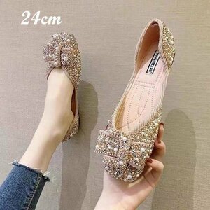  flat shoes pe tongue ko pumps slip-on shoes lady's Loafer Kirakira biju- walk shoes pink 24cm