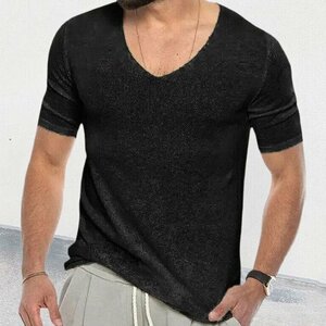 サマーセーター ニットTシャツ サマーニット トップス カットソー カジュアル 半袖ニット メンズ ブラック 2XLサイズ
