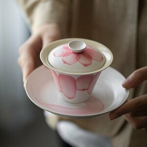 粉引き蓋碗 手作り 碗 可愛い蓋碗 中国茶 中国茶器 台湾茶器 台湾茶 皿付き