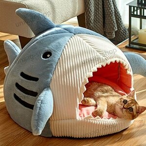 猫 犬 ベッド　サメ型ペットベッド ふわふわ　暖か もこもこ　キャット　ペット　滑り止め　クッション 柔らかい　秋冬 ブルー Mサイズ