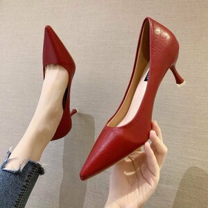  pumps lady's business shoes leather shoes PU leather formal long nose high heel OL height up red 23cm