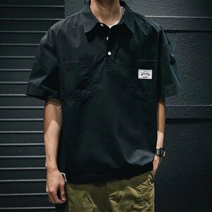 夏 ワークシャツ メンズ ゆったり オーバーシャツ 半袖 アメカジ ポケット シンプル ベーシック ブラック 3XL