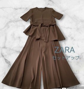 【美品】 ZARA ザラ セットアップ 半袖 アシンメトリー ワイドパンツ ブラウン レディース かっこいい パーティー 結婚式