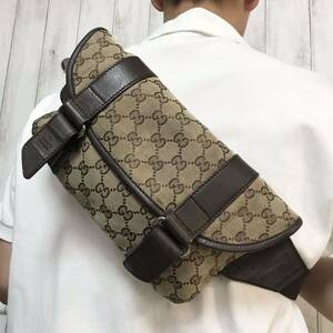 人気●グッチ GUCCI ボディバッグ ショルダーバッグ 斜め掛け メンズ ビジネス 大容量 GGキャンバス レザー 本革 ブラウン ウエストポーチ 