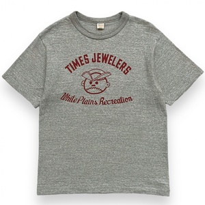 美品 日本製 WAREHOUSE ウェアハウス TIME JEWELLERS 半袖 染み込み プリント Tシャツ S/S 丸胴 コットン トップス カットソー M 杢 グレー