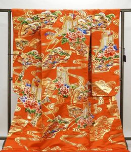 色打掛 正絹 四季花扇面御所車模様 打掛 花嫁衣裳 婚礼 良品 リサイクル 中古 ブライダル ウエディング 着物 e3143