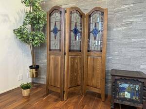  stained glass! oak material 3 ream folding partition approximately 15 ten thousand jpy partitioning screen divider natural wood Britain antique style retro 