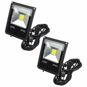 【NEW薄型スリム】 防水IP65 アルミ製 LED 投光器 20W AC100V 電源コード 5m 2個セット ホワイト 白発光 作業灯 倉庫 駐車場 照明