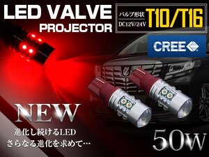 CREE製 プロジェクター LED T10/T16 ウェッジ球 50W 12V/24V 赤 LED球 リアフォグ バックランプ ハイマウント ポジション球 電球 ライト