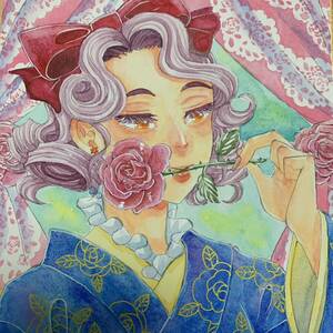 Art hand Auction 원본 손으로 그린 삽화 그림 수채화 원본 색종이 일본식 소녀, 만화, 애니메이션 상품, 손으로 그린 그림