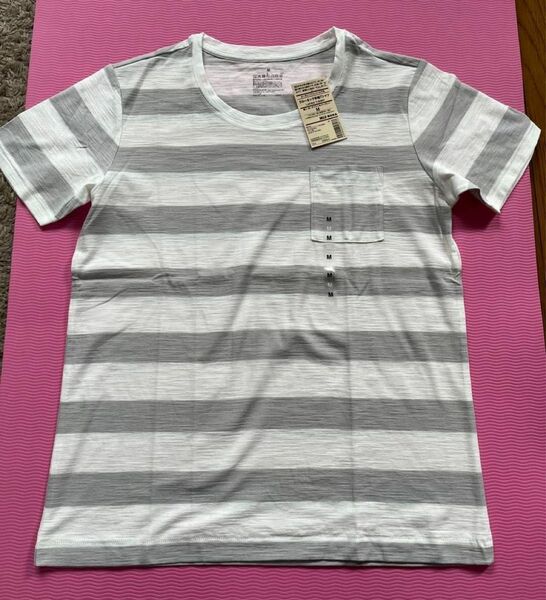 無印良品　オーガニックコットンムラ糸　クルーネック半袖Tシャツ　白×ライトシルバーグレー