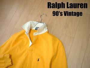 90sビンテージPOLO by Ralph LaurenラガーシャツMマスタード黄色イエロー正規ポロバイラルフローレンRUGBYラグビーVTGジャージRUGGERポロ