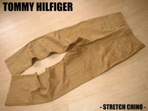 TOMMY HILFIGERワンポイント刺繍ストレッチチノパンツSTRETCHフラッグW32キャメル正規トミーヒルフィガーノータックテーパードトラウザーズ