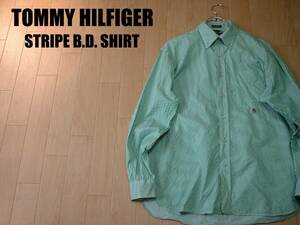 TOMMY HILFIGER白x緑ストライプボタンダウンシャツM正規80's 2Ply Fabricトミーヒルフィガー長袖グリーンxホワイト月桂樹ワンポイント