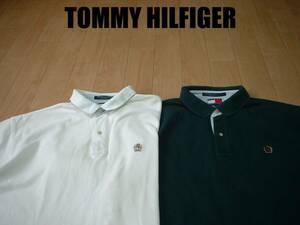 即戦力2着セットTOMMY HILFIGERワンポイント鹿の子ポロシャツL白ホワイト&深緑モスグリーン正規トミーヒルフィガーフラッグ90sビンテージ