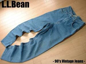 90sビンテージL.L.BeanアウトドアジーンズW31正規RELAXED FITエルエルビーン革パッチデニムパンツMADE IN MEXICOメキシコ製