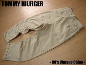 90sビンテージTOMMY HILFIGERワンポイント刺繍チノパンツCHINO月桂樹W34正規トミーヒルフィガーベージュツータックテーパードトラウザーズ