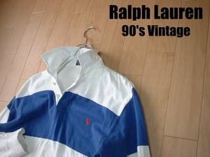 90sビンテージPOLO by Ralph Laurenボーダーラガーシャツ長袖L正規ポロバイラルフローレンBIG SHIRT白ホワイトx青ブルー