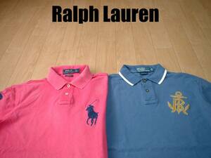 即戦力2着セットPOLO Ralph Lauren BIG PONY &アンカー刺繍鹿の子ポロシャツMピンクxサックス正規ポロラルフローレンビッグポニーRLマリン