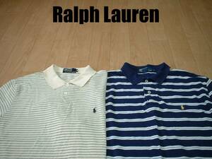 即戦力2着セットRalph Laurenワンポイント鹿の子ポロシャツ美品Mボーダー正規ラルフローレン90sビンテージ白ホワイト&紺ネイビーVintage