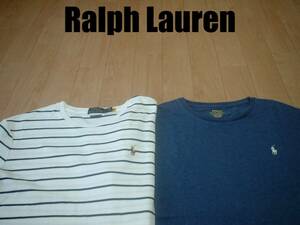 即戦力2着セットPOLO Ralph LaurenワンポイントクルーネックTシャツ美品L正規ポロラルフローレン刺繍ポニー白紺ボーダー&杢ネイビー