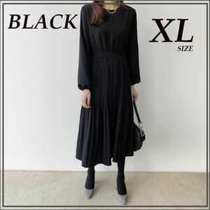 フォーマル 新品 プリーツ ワンピース ブラック 黒 レディース XL 人気 長袖 きれいめ ロングワンピース 冠婚葬祭