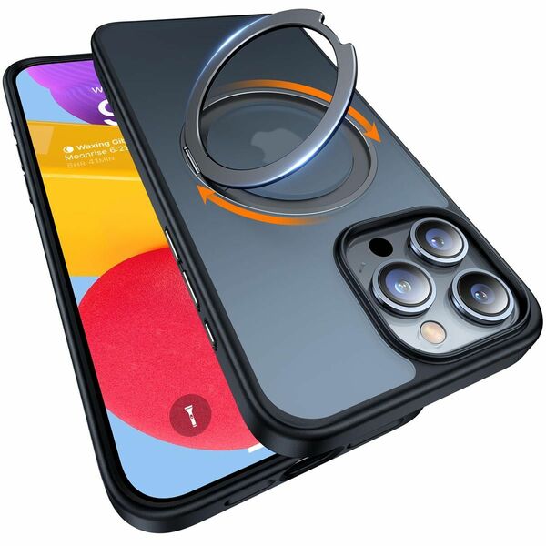 iPhone 14Pro Max用 ケース【多機能360°回転スタンド！】MagSafe対応 丸型スタンド付き 耐衝撃ブラック
