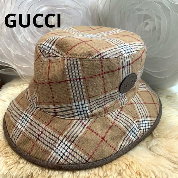 ☆超美品☆GUCCI GGキャンバス×チェック柄 リバーシブル バケットハット