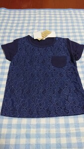 ♪301☆未使用・保管品☆ラッセルレースのかわいいTシャツ　紺95