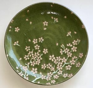  ◆和皿 桜 深緑色◆ 直径23.5㎝ 重厚 陶器 ※残り１枚 安い！ お得！ 