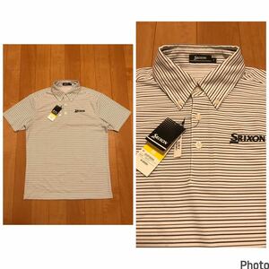 新品.未使用品☆SRIXON/スリクソン　メンズサイズM 快適吸水速乾ドライ半袖BDポロシャツ　ロゴ刺繍入り&ボーダー柄デザイン!白ホワイト系色