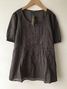 無印良品 ローンピコ 刺繍 ロング ブラウス 茶 五分袖 S / ブラウン コットン ピンタック シャツ 綿100％