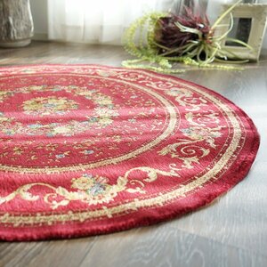 ■■サヤンサヤン カーペット ラグ マット おしゃれ 花柄 薄型 ベルギー 絨毯 ゴブラン織り 90 cm 円形　レッド