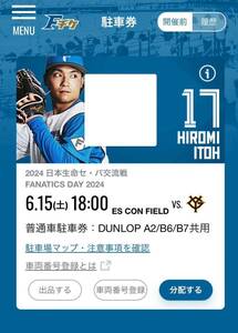 6/15（土）エスコンフィールド　普通自動車駐車券　DUNLOP PARKING A/2 B/6 B/7 共通　ファイターズ-ジャイアンツ