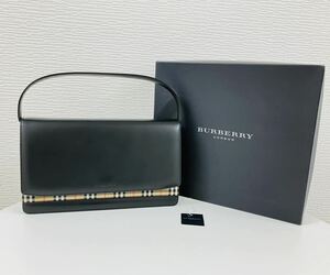 【送料無料!!】BURBERRY バーバリー ブラックレザー/ノバチェック柄 ハンドバッグ KS 907 BF 94？保存袋付 箱付 鞄 レディース 現状品