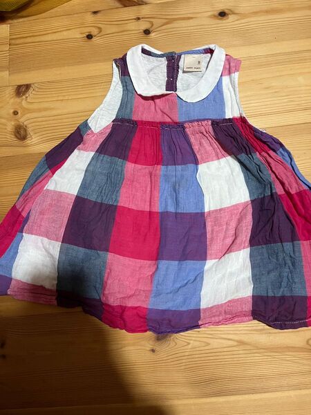 プティマインpetit mainブロックチェックワンピースロンパース80ベビー服