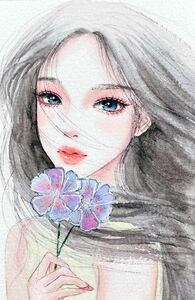 Art hand Auction Hand-drawn illustration, watercolor painting, original painting, wind, flowers and girls, Artwork, Painting, Portraits