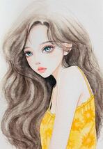 手描きイラスト　水彩画　原画　ロングヘアの女の子_画像1